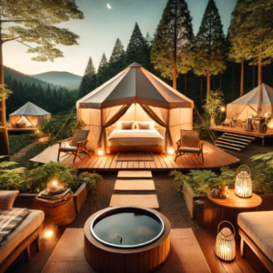 夜のグランピングサイトでカップル向けのロマンチックなテントと風景