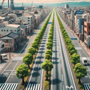 大分市の40メーター道路。道幅40メートルの広い道路で、中央分離帯には緑豊かな街路樹が植えられている。