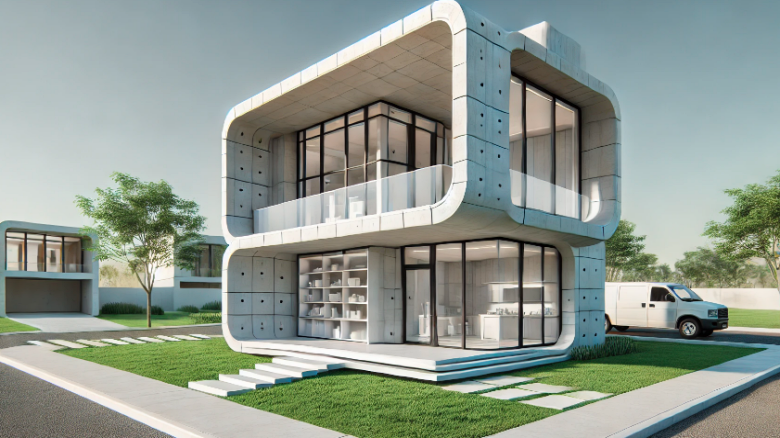 3Dプリンターで建てられた2階建てのモダンな住宅