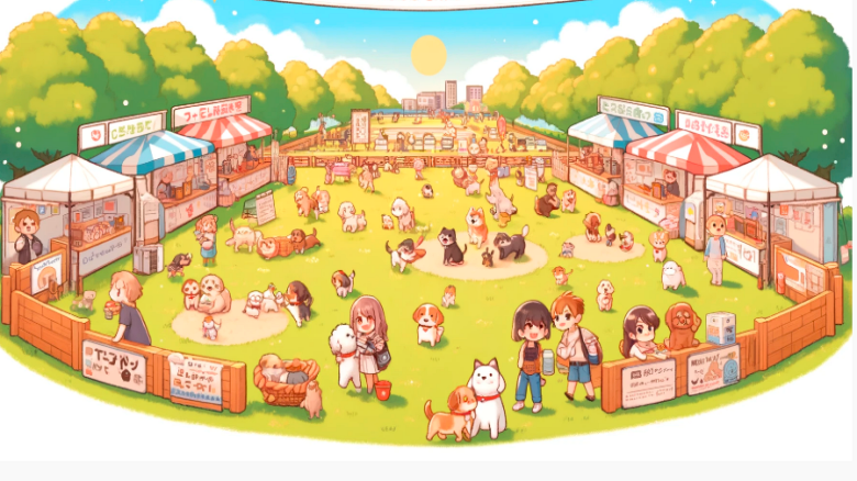 「OITA DOGGO LAND 2024 イベントのイラスト。犬たちが公園で遊ぶ様子や、フードスタンド、犬用グッズの出店が並ぶ様子を描いた可愛らしいアニメ風のイメージ」