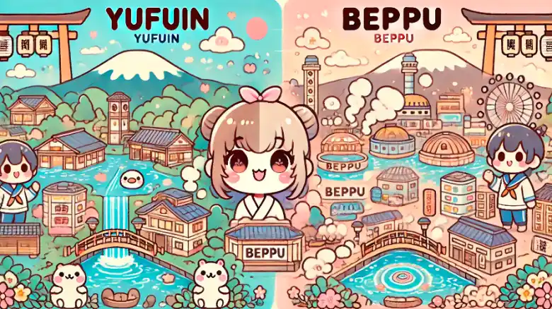 湯布院と別府の観光スポットの違いを示す可愛らしいイラスト。湯布院は自然とアート、別府は温泉と賑やかな観光地として表現されている。