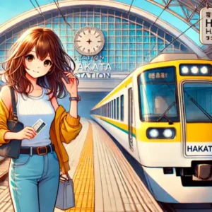 博多駅で電車旅に出発する20代女性のアニメ風イラスト。カジュアルな服装で楽しげな表情を浮かべた様子。