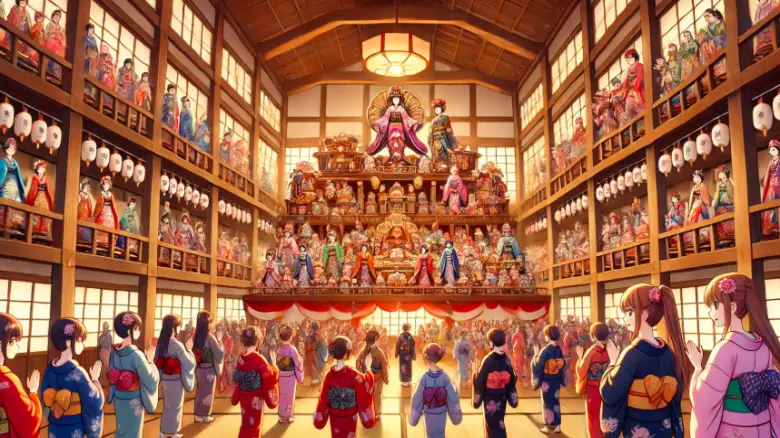 "Anime-style illustration of young girls enjoying Hina Matsuri in a large hall with traditional Japanese doll displays"