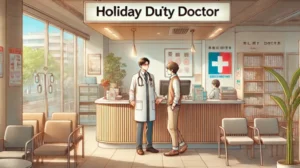 "アニメ風イラスト：休日当番医を訪れる患者と、診察を行うフレンドリーな医師の様子が描かれたクリニック内のシーン。"