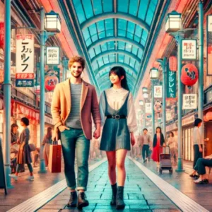 熊本の新市街アーケードで散歩する20代の日本人カップル
