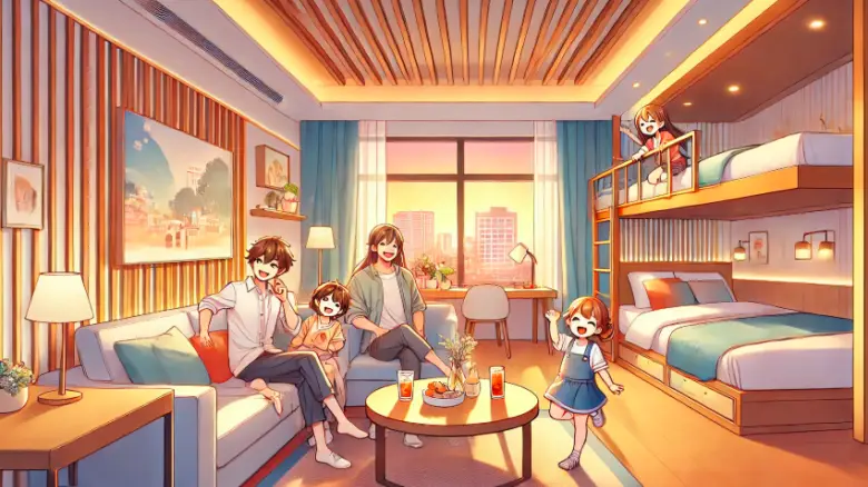 モダンなホテルの部屋でくつろぐ4人家族(子供2人の女の子を含む)を描いたアニメ風イラスト