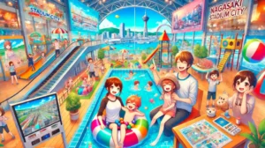 長崎スタジアムシティで家族が遊ぶ様子を描いたアニメ風イラスト。親子がキッズパークやアクティビティを楽しむ風景。