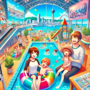 長崎スタジアムシティで家族が遊ぶ様子を描いたアニメ風イラスト。親子がキッズパークやアクティビティを楽しむ風景。