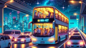 "夜の高速道路を走る満員の二階建てバス。アニメ風の美しい夜景が広がり、バス内には乗客たちが楽しそうに過ごしている様子が描かれています。"