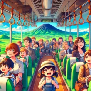 4人家族が満員のシャトルバスに乗り、熊本阿蘇山の大自然を楽しんでいる様子を描いたアニメ風イラスト