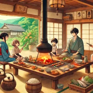 古民家の囲炉裏で串焼きを楽しむ日本の家族4人。父母と小学生の子供たちがアットホームな雰囲気の中、田楽を囲んで食事を楽しむ様子。