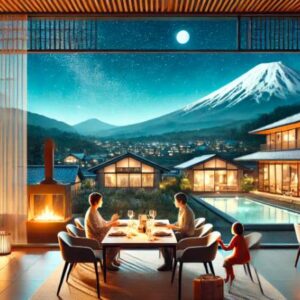 湯布院の由布岳山麓に広がる温泉地で、親子が星空の下で夜ご飯を楽しむ現代風のイラスト