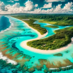 沖縄県久米島の絶景空撮写真。白い砂浜、青い海、緑豊かな自然が広がる美しい風景。