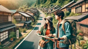 長崎街道を旅する20代の男女が地図を見ながら歩く様子