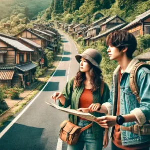 長崎街道を旅する20代の男女が地図を見ながら歩く様子
