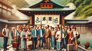 大分温泉の入り口に立つ日本人や外国人観光客の様子