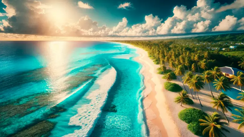 沖縄の白い砂浜とエメラルドブルーの海が広がる絶景