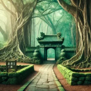 巨大なガジュマルの木々と苔むした石門に囲まれた、御嶽（うたき）風の神聖な森の入り口