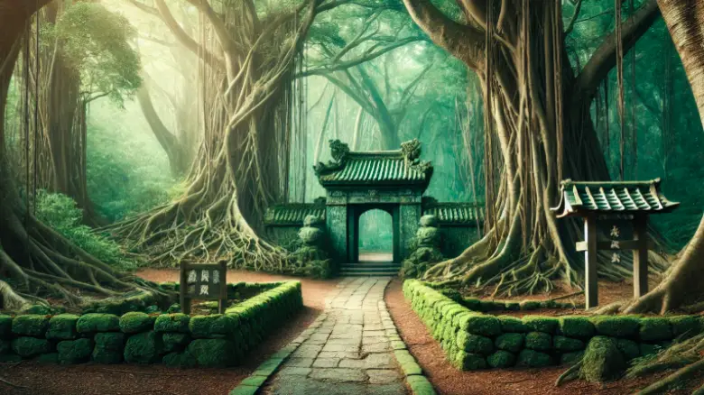 巨大なガジュマルの木々と苔むした石門に囲まれた、御嶽（うたき）風の神聖な森の入り口
