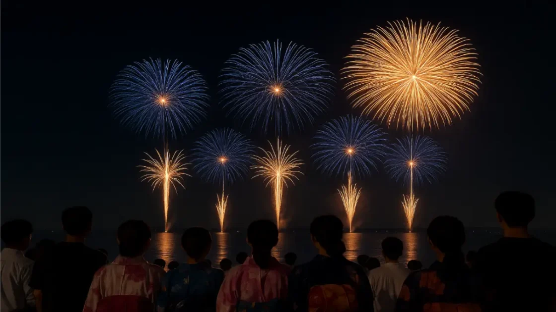 alt="恋龍祭水俣花火大会で夜空を見上げる浴衣姿の見物客"