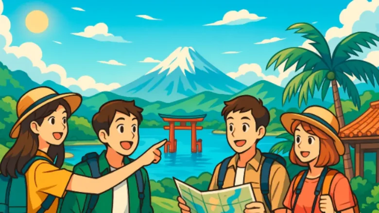 九州・沖縄の観光地を巡る若者たちのアニメ風イラスト 