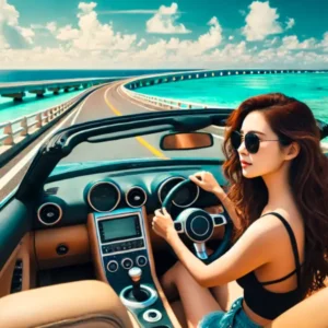 沖縄海中道路をスポーツカーで走るサングラス姿の20代女性。青い海と空が広がる絶景の中をドライブ。