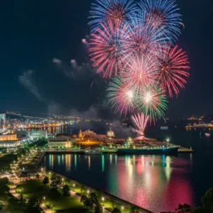 長崎みなと まつり2025の夜空を彩る水上花火と長崎港、長崎水辺の森公園長崎みなとまつり2025の花火の様子