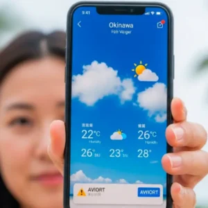 沖縄の天気予報をスマホ画面で確認する女性