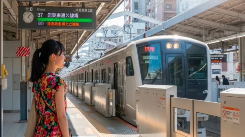 佐賀行きのJR列車を博多駅のホームで待つ女性。2枚きっぷを使ったお得な旅のイメージ。