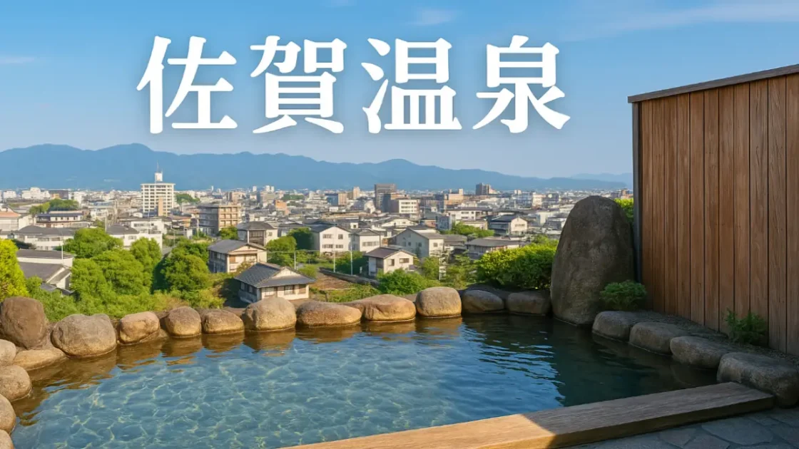 佐賀の街並みを背景にした露天風呂の絶景写真