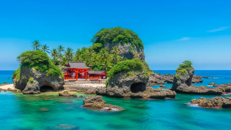 宮崎県青島にある鬼の洗濯板に囲まれた熱帯の島に建つ青島神社