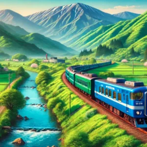 JR九州の観光列車「かわせみ やませみ」が阿蘇の緑豊かな山々を走る風景