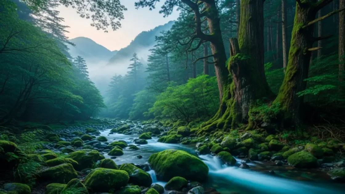 屋久島の神秘的な森と朝霧、呼ばれた人だけがたどり着ける神聖な自然風景