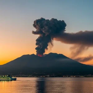 桜島噴火情報 リアルタイムの確認に役立つ実景。錦江湾越しに噴煙が立ち上がり風下へ流れる様子