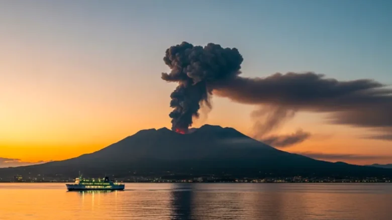 桜島噴火情報 リアルタイムの確認に役立つ実景。錦江湾越しに噴煙が立ち上がり風下へ流れる様子