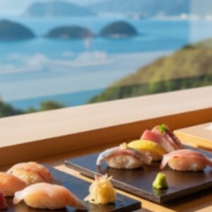 天草の絶景オーシャンビューの窓を背景に、新鮮な地魚のネタと伝統的な白シャリを使った握り寿司が並ぶ