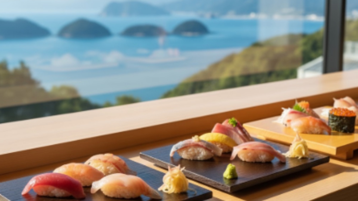 天草の絶景オーシャンビューの窓を背景に、新鮮な地魚のネタと伝統的な白シャリを使った握り寿司が並ぶ