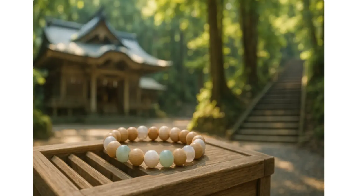 高千穂神社の拝殿を背景に、木と天然石のブレスレットが賽銭箱に置かれた情景。杉木立と石段が奥へ続く