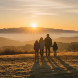 ひなもりオートキャンプ場で初日の出を眺める家族のシルエット