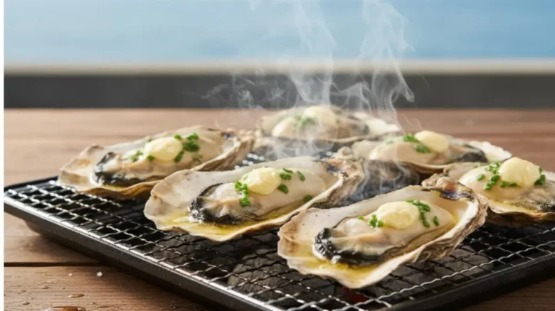 糸島で焼かれる牡蠣のクローズアップ写真