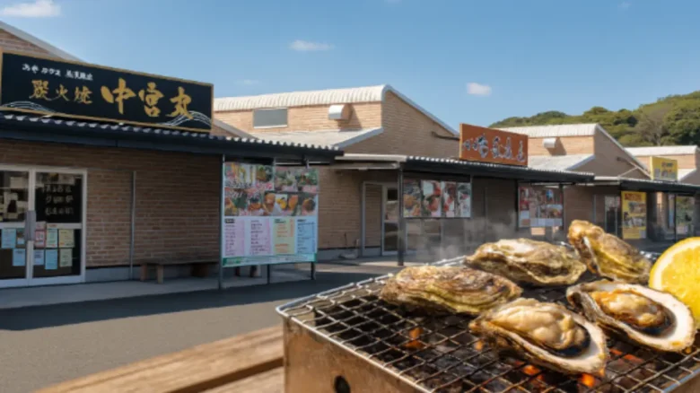 糸島の牡蠣小屋が並ぶ通りの横長風景