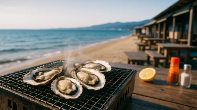 糸島の冬の海沿いに並ぶ牡蠣小屋エリアの外観風景