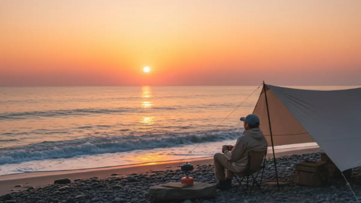 福岡糸島の海沿いで初日の出を眺めるソロキャンパーのテント風景