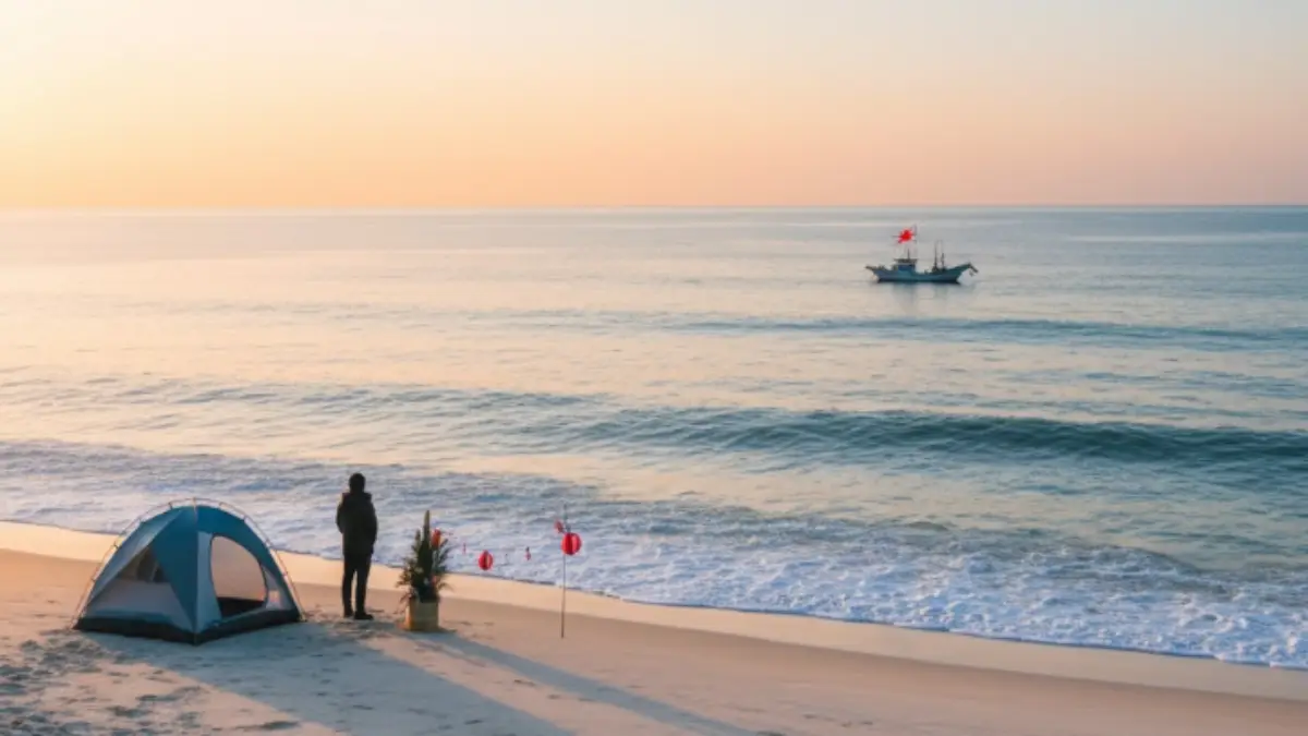 九州の宮崎白浜で海から昇る初日の出を眺めるキャンパーの風景