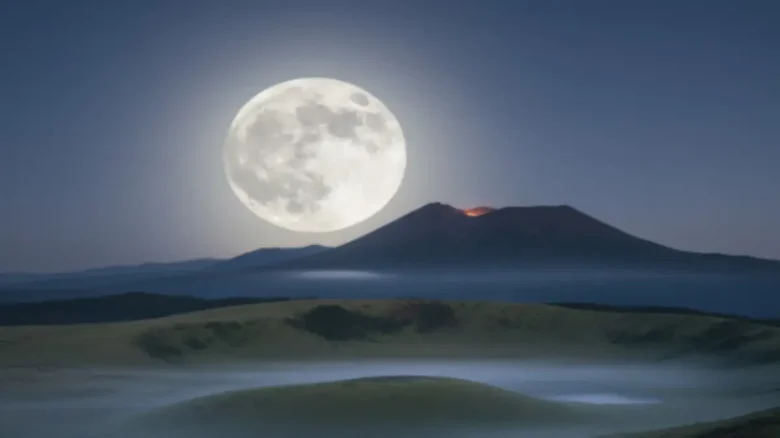 糸島・桜井二見ヶ浦の海上に昇るスーパームーン。夕焼け空に浮かぶ満月が海面に反射して幻想的に輝く。