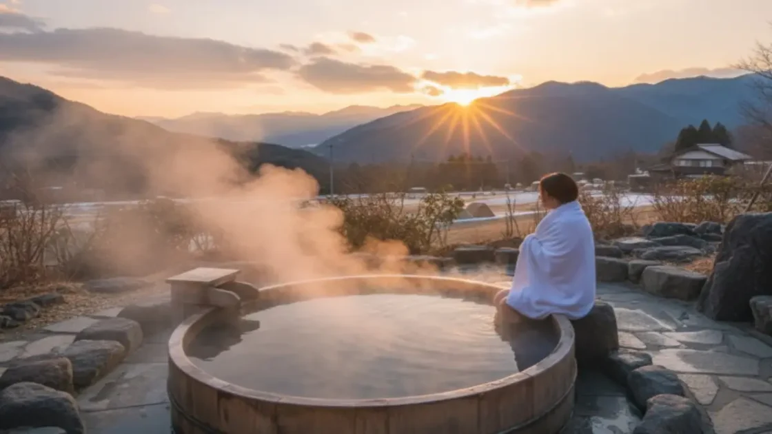 ゆのまえグリーンパレスで温泉越しに初日の出を眺めるシーン