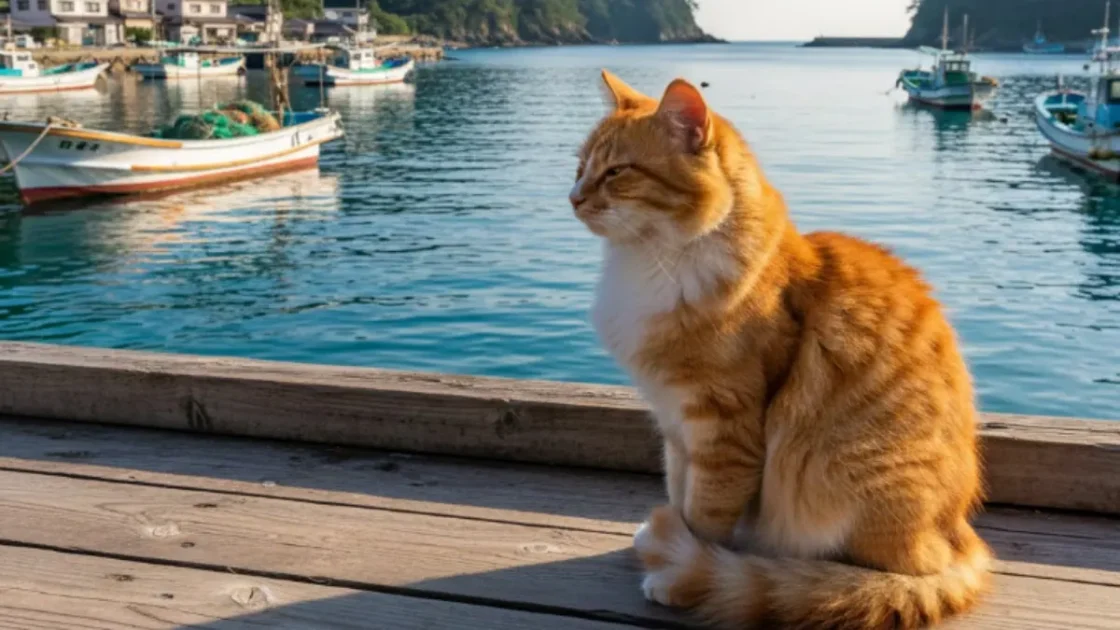 佐賀県の猫島として知られる加唐島の港で、海を背景に座る猫の風景写真